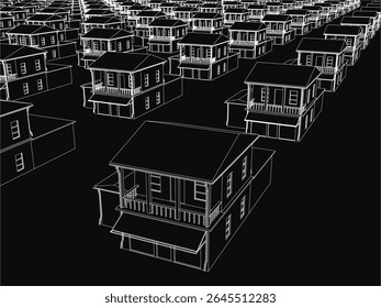 A row of 3D model houses with unique designs stands neatly on a black background. The stark contrast highlights the white structures, emphasizing their architectural details. - Powered by Shutterstock - Get 15% off with code: PIKWIZARD15