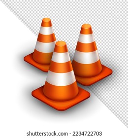 Reihe von 3D-Stangen mit orangefarbenen und weißen Streifen. Dreidimensionale Kunststoffsicherheitskegel einzeln auf weißem und transparentem Hintergrund. Straßenschild für den Bau oder die Autobahn