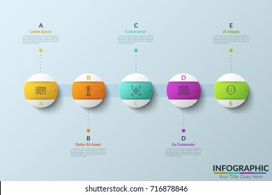Row of 5 colorful round elements with thin line pictograms and arrows inside connected with text boxes. Five successive steps of project development. Infographic design layout. Vector illustration.