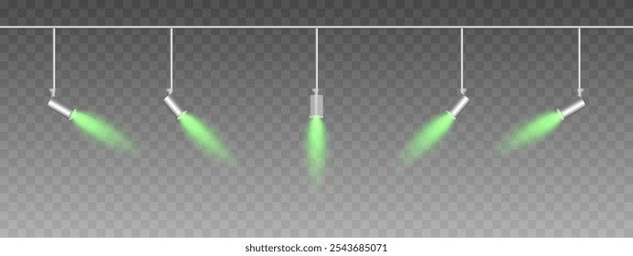 Row of adjustable spotlights emitting a soft green glow. Angled lights create a focused beam effect, adding ambiance to a dark background. Modern interior designs, exhibitions, and stage lighting