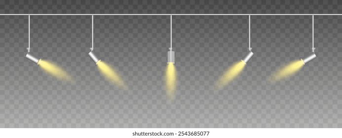 Fileira de holofotes ajustáveis emitindo um brilho de ouro suave. As luzes angulares criam um efeito de feixe focalizado, adicionando ambiente a um fundo escuro. Modernos projetos de interiores, exposições e iluminação de palco