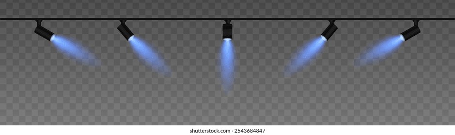 Row of adjustable spotlights with warm blue glow, casting angled beams. Modern lighting setup suitable for stage, exhibition, or interior decor, adding ambiance against a dark background