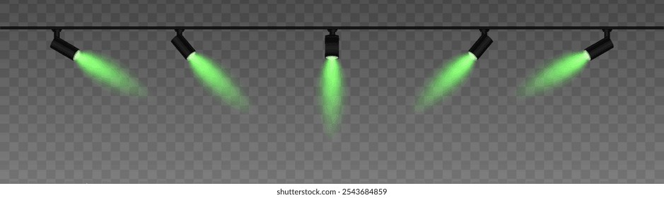 Row of adjustable spotlights with warm green glow, casting angled beams. Modern lighting setup suitable for stage, exhibition, or interior decor, adding ambiance against a dark background