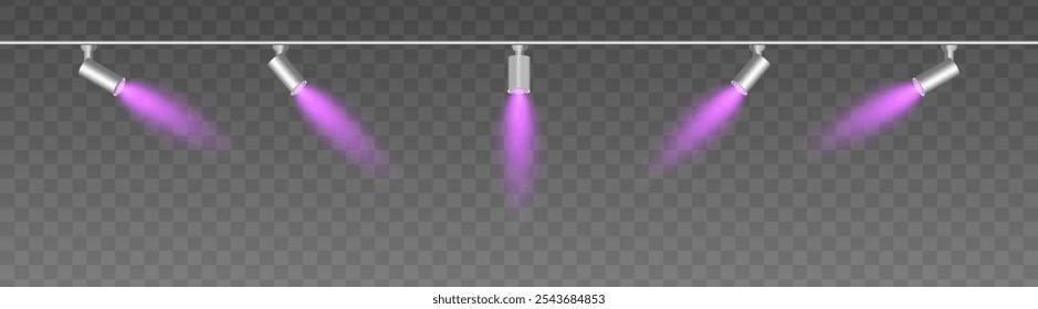 Row of adjustable spotlights with warm purple glow, casting angled beams. Modern lighting setup suitable for stage, exhibition, or interior decor, adding ambiance against a dark background