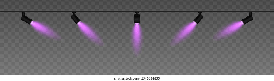 Fileira de holofotes ajustáveis com brilho roxo quente, lançando vigas angulares. Moderna instalação de iluminação adequada para palco, exposição ou decoração interior, adicionando ambiente contra um fundo escuro