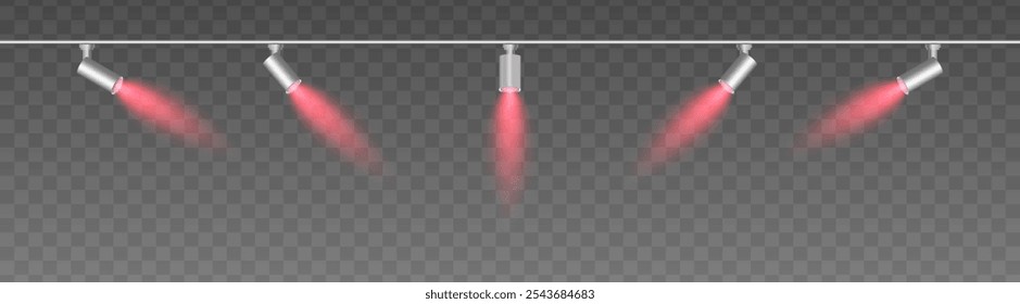 Row of adjustable spotlights with warm red glow, casting angled beams. Modern lighting setup suitable for stage, exhibition, or interior decor, adding ambiance against a dark background