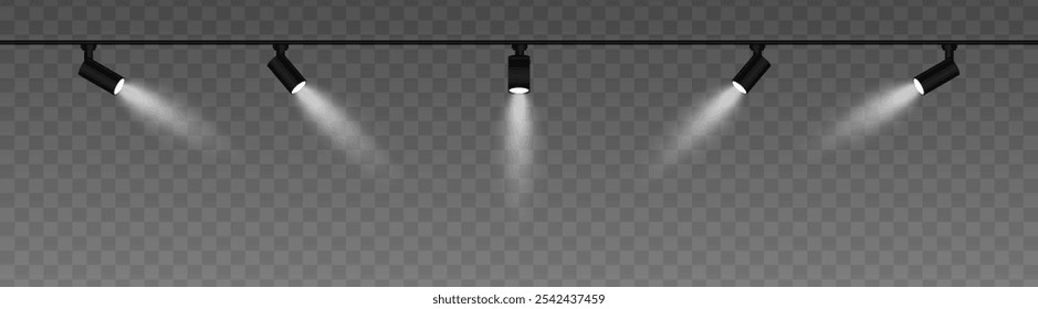 Row of adjustable spotlights with warm white glow, casting angled beams. Modern lighting setup suitable for stage, exhibition, or interior decor, adding ambiance against a dark background