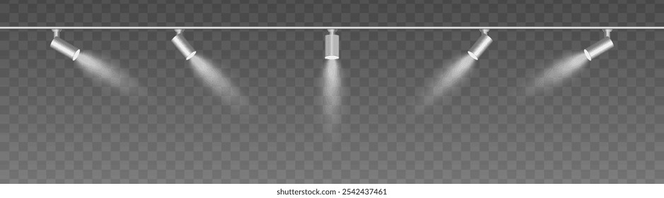 Row of adjustable spotlights with warm white glow, casting angled beams. Modern lighting setup suitable for stage, exhibition, or interior decor, adding ambiance against a dark background