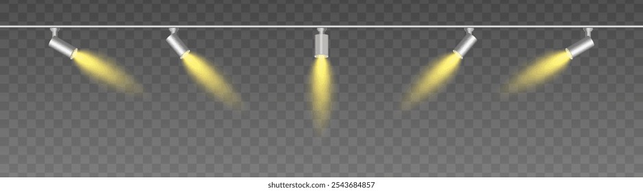 Row of adjustable spotlights with warm yellow glow, casting angled beams. Modern lighting setup suitable for stage, exhibition, or interior decor, adding ambiance against a dark background