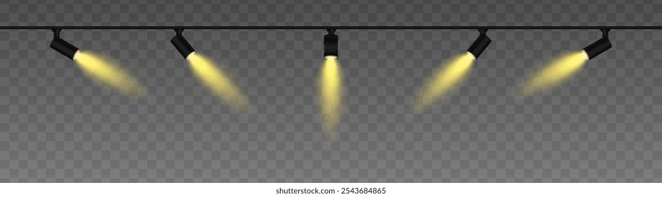 Row of adjustable spotlights with warm yellow glow, casting angled beams. Modern lighting setup suitable for stage, exhibition, or interior decor, adding ambiance against a dark background