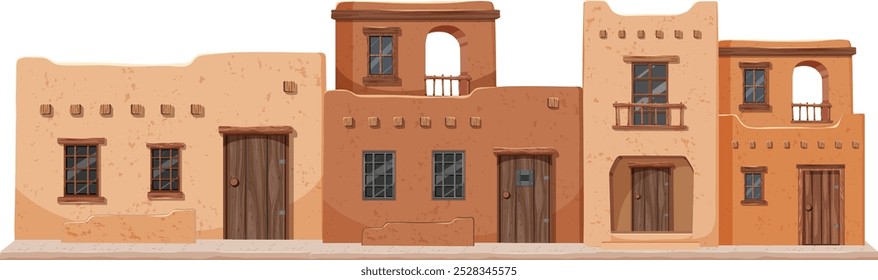 Row of adobe buildings with wooden doors