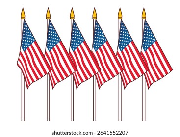 Row of American flags proudly displayed on poles, featuring red and white stripes and blue fields filled with white stars, symbolizing patriotism and unity.