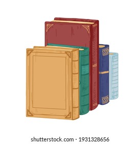 Row of ancient historical books in hardcovers isolated on white background. Pile of different old textbooks and encyclopedias for reading. Colored hand-drawn vector illustration in vintage style