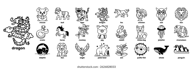 A row of animals with the word animal on the left in line drawing style