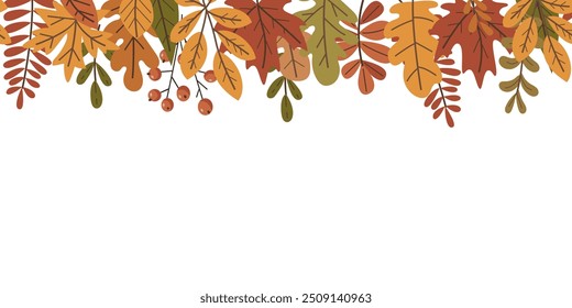 A row of autumn leaves with a white background. The leaves are of different sizes and colors, and they are arranged in a way that creates a sense of movement and depth. Scene is warm and inviting