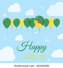 Row of Balloons in Colors of the French Guiana flag. Happy National Day Card with Flags, Balloons, Clouds and Sky.