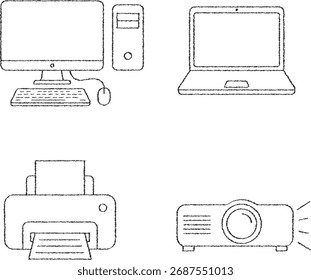 A row of basic computer devices including a monitor tower keyboard laptop printer and digital projector rendered as icons