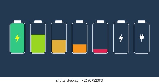 A row of batteries from empty to full. With different color indicators.