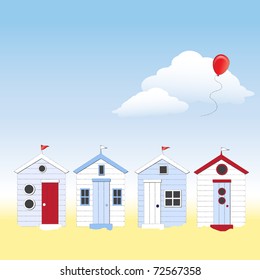 A row of beach huts against blue sky and sand with balloon floating in sky. Space for your text. EPS10 vector format.