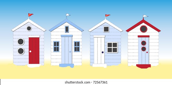 A row of beach huts against blue sky and sand. Eps10 vector format.