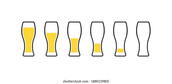 Row of beer glasses from full to empty. Vector