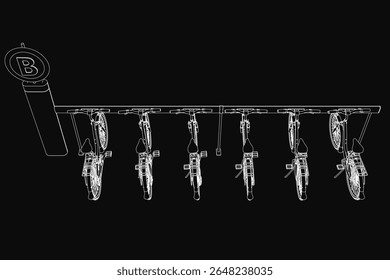 A row of bicycles hangs neatly from a line, each with a unique design, drawn in white against a stark black background. The minimalist illustration highlights clean lines and contrast