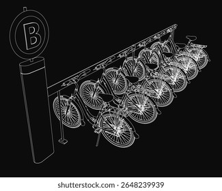 Uma fileira de bicicletas estacionadas lado a lado com elegância sobre um fundo preto, com um poste à esquerda com uma prancha marcada com a letra "B". A composição limpa destaca o estacionamento urbano para bicicletas.