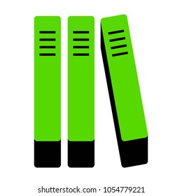 Row of binders, office folders icon. Vector. Green 3d icon with black side on white background. Isolated.