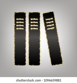 Row of binders, office folders icon. Vector. Blackish icon with golden stars at grayish background.