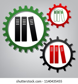 Row of binders, office folders icon. Vector. Three connected gears with icons at grayish background.