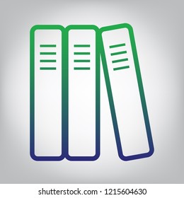 Row of binders, office folders icon. Vector. Green to blue gradient contour icon at grayish background with light in center.