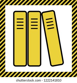 Row of binders, office folders icon. Vector. Warm yellow icon with black contour in frame named as under construction at white background. Isolated.
