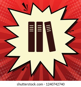 Row of binders, office folders icon. Vector. Dark red icon in lemon chiffon shutter bubble at red popart background with rays.