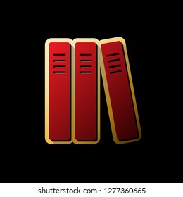 Row of binders, office folders icon. Vector. Red icon with small black and limitless shadows at golden sticker on black background.