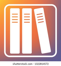 Row of binders, office folders icon. Vector. White icon on transparent button at orange-violet gradient background.