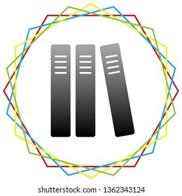 Row of binders, office folders icon. Vector. Black icon with patch of light inside colorful hexagonal frames at white background.
