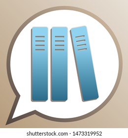 Row of binders, office folders icon. Bright cerulean icon in white speech balloon at pale taupe background. Illustration.