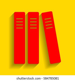 Row of binders, office folders icon. Vector. Red icon with soft shadow on golden background.
