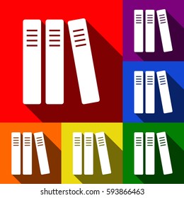 Row of binders, office folders icon. Vector. Set of icons with flat shadows at red, orange, yellow, green, blue and violet background.