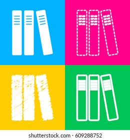 Row of binders, office folders icon. Four styles of icon on four color squares.