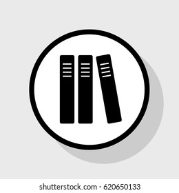 Row of binders, office folders icon. Vector. Flat black icon in white circle with shadow at gray background.