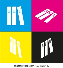 Row of binders, office folders icon. Vector. White icon with isometric projections on cyan, magenta, yellow and black backgrounds.