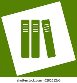 Row of binders, office folders icon. Vector. White icon obtained as a result of subtraction rotated square and path. Avocado background.