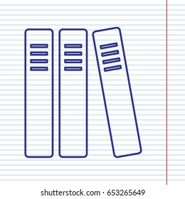 Row of binders, office folders icon. Vector. Navy line icon on notebook paper as background with red line for field.