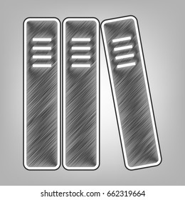 Row of binders, office folders icon. Vector. Pencil sketch imitation. Dark gray scribble icon with dark gray outer contour at gray background.