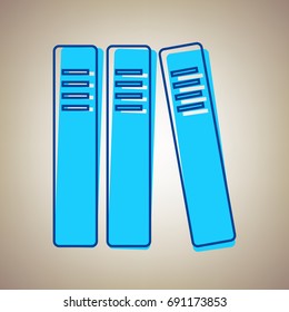 Row of binders, office folders icon. Vector. Sky blue icon with blue contour on beige background.