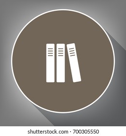Row of binders, office folders icon. Vector. White icon on brown circle with white contour and long shadow at gray background. Like top view on postament.