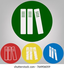 Row of binders, office folders icon. Vector. 4 white styles of icon at 4 colored circles on light gray background.