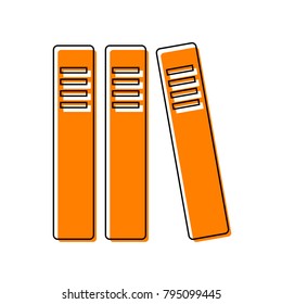 Row of binders, office folders icon. Vector. Black line icon with shifted flat orange filled icon on white background. Isolated.
