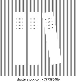 Row of binders, office folders icon. Vector. White icon on grayish striped background. Optical illusion.